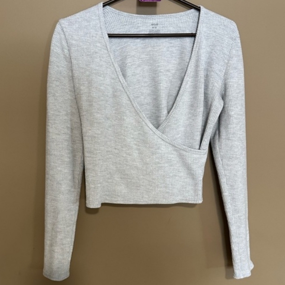 Aerie Light Gray Ribbed Faux Wrap Crop Top